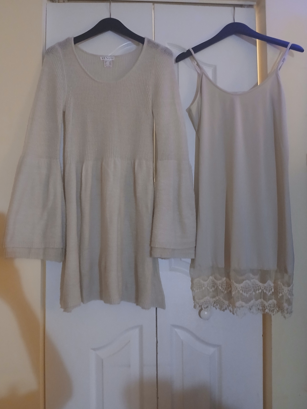 Cream Bell-Sleeve Knit Dress with Lace Slip - Women's
